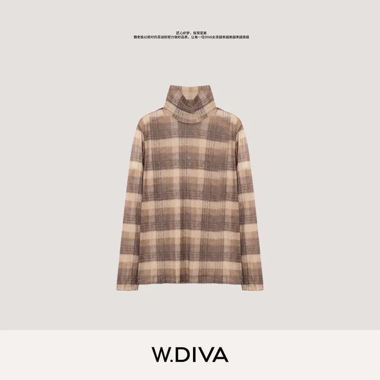 W.Diva【暖忆格纹】修身高密弹力网纱格纹高领上衣长袖T恤53T183119