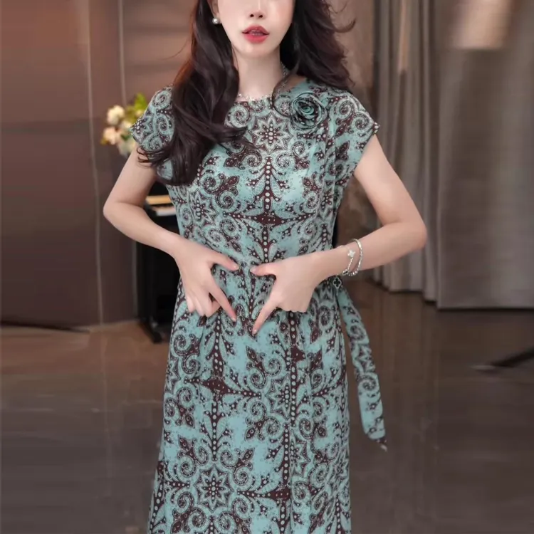 时尚短袖连衣裙女2025年夏季新款气质显瘦系带中长款印花休闲裙子