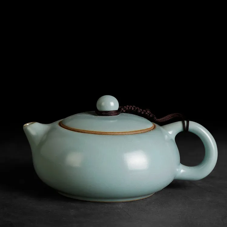 国潮新款汝窑开片可养扁西施壶家用泡茶壶茶具陶瓷天青功茶道用具