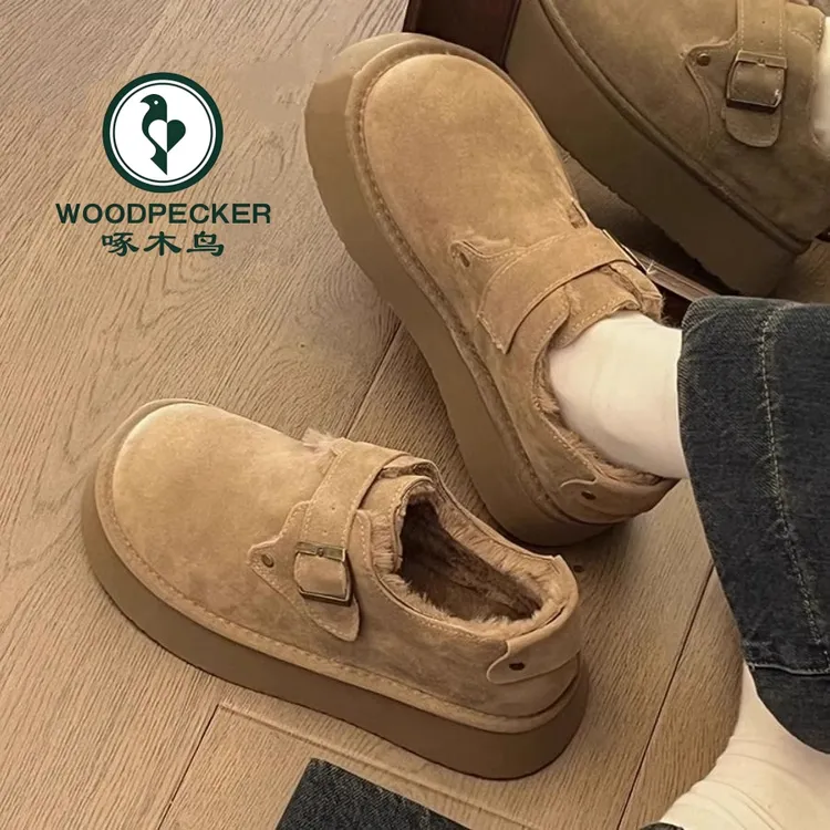 啄木鸟加绒勃肯鞋女2025秋冬新款外穿保暖雪地靴一脚蹬厚底乐福鞋