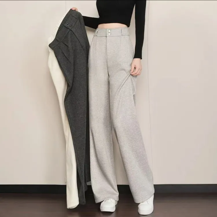 2025秋冬直筒裤宽松秋冬高腰阔腿裤长裤休闲裤外穿针织拖地加绒