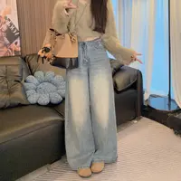 【晓溪服饰】复古港风女牛仔裤高腰直筒长裤休闲风阔腿裤6592