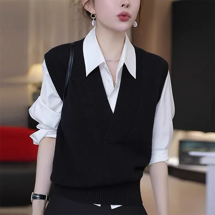 时尚休闲简约v领针织马甲女春秋气质小众内搭显瘦衬衫上衣两件套