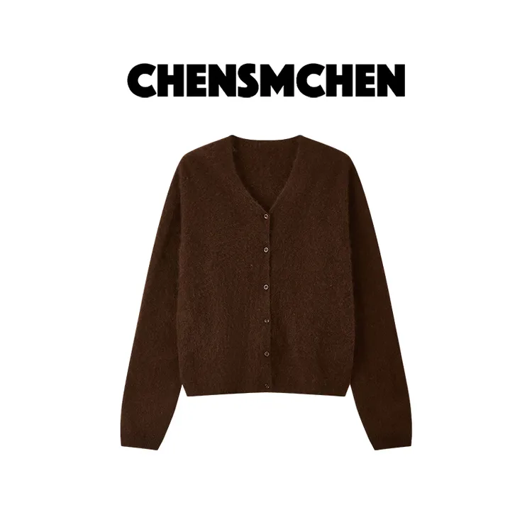 CHENSMCHEN绵羊毛V领长袖针织衫女简约百搭显瘦开衫上衣CSZ8356WL