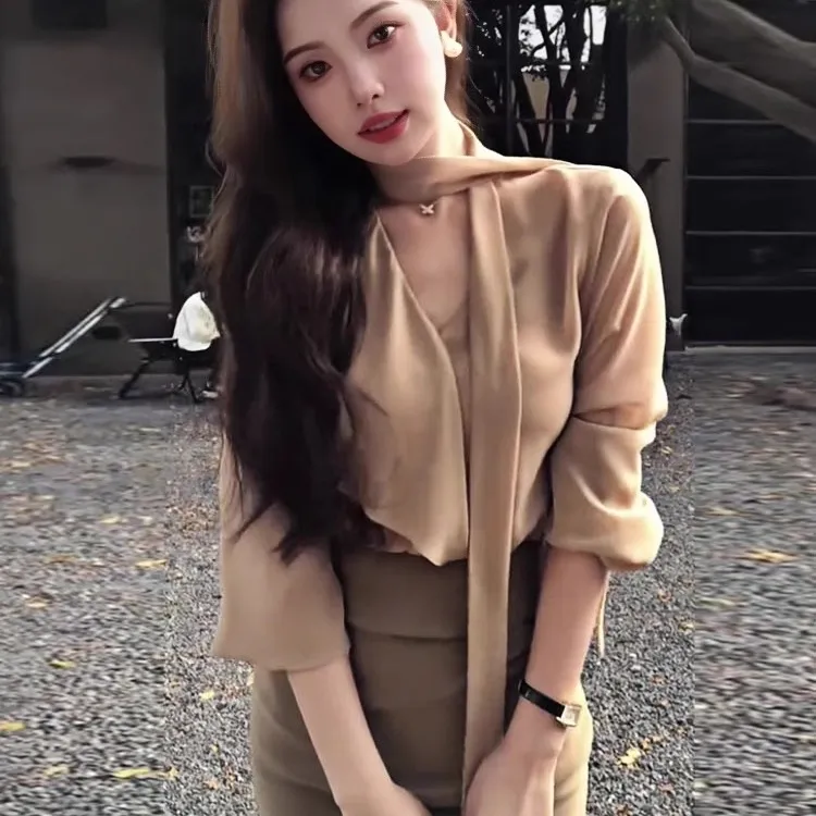 轻熟御姐风金秘书穿搭套装2025夏季新款V领飘带衬衣+高腰包臀裙女