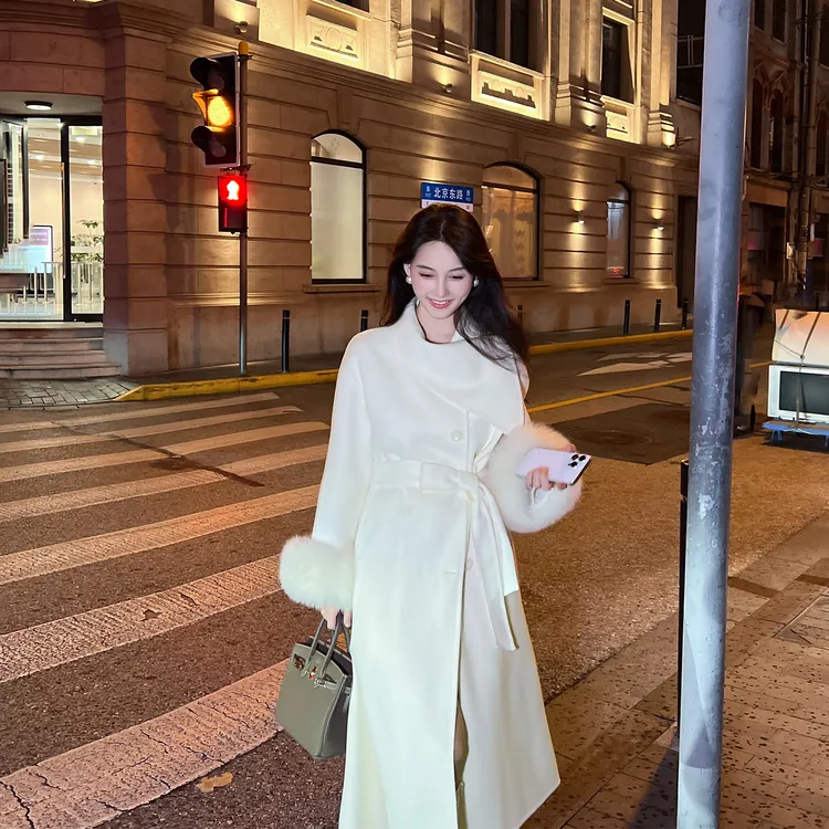 高端双面羊绒大衣女2025冬季新款韩版袖口狐狸毛宽松气质毛呢外套