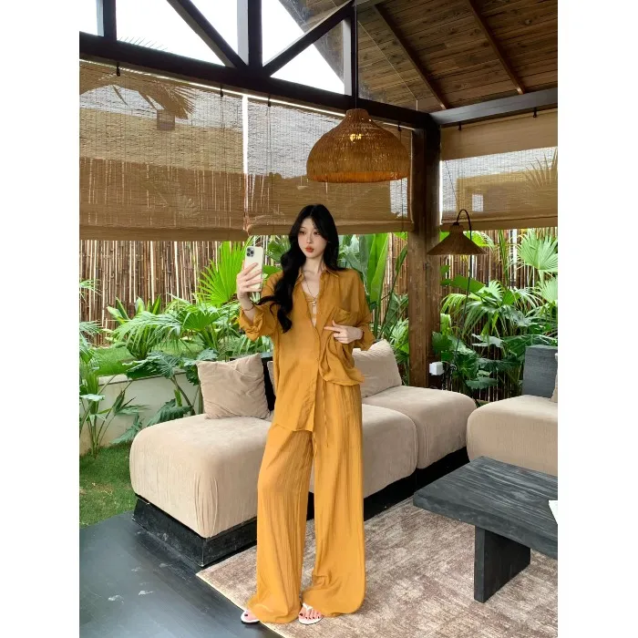 慵懒度假风套装女薄款长袖防晒衬衫外套夏季宽松休闲阔腿裤两件套