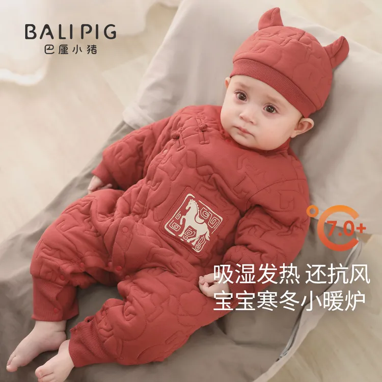 婴儿夹棉连体衣新生儿秋冬加厚保暖新中式国风红色马宝宝拜年衣服