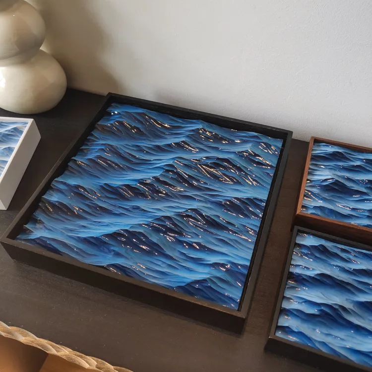 小方海石膏装饰画手工上色边柜海浪挂画书架桌面装饰立体浮雕海浪