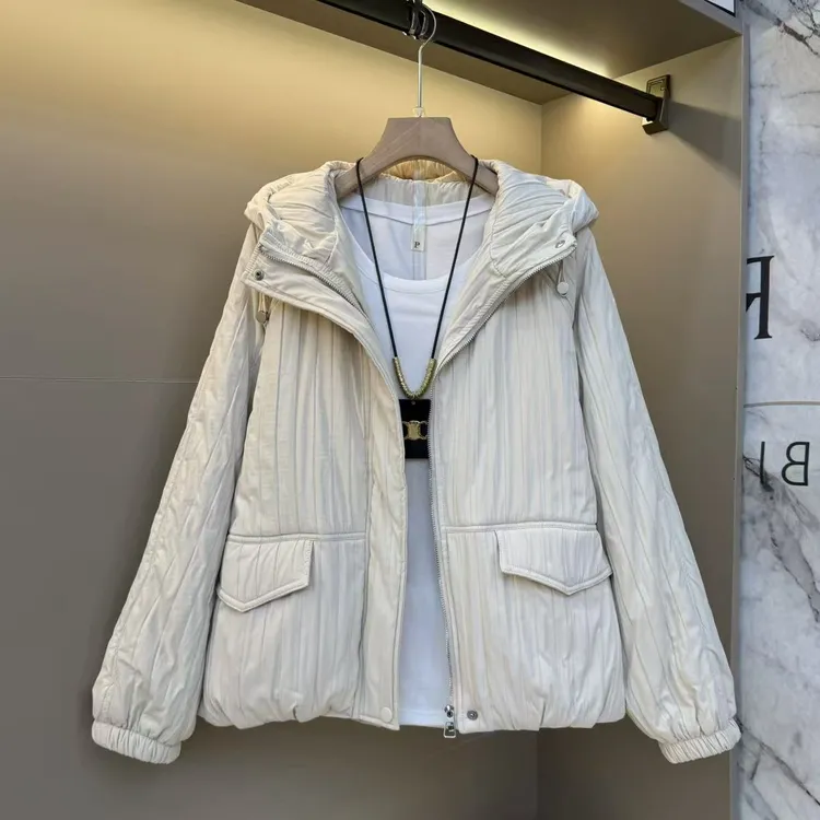 2025秋冬欧货宽松简约气质连帽洋气保暖竖纹胖mm显瘦棉服外套8006