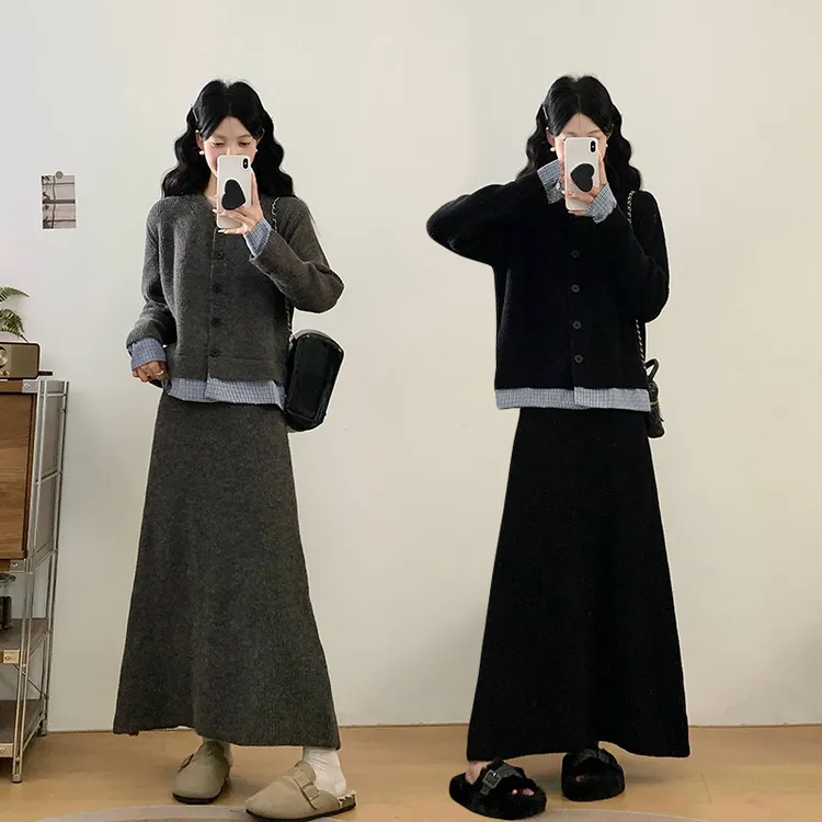 2025秋大码胖mm韩范宽松针织两件套立体裁剪长袖开衫毛衣中长款半