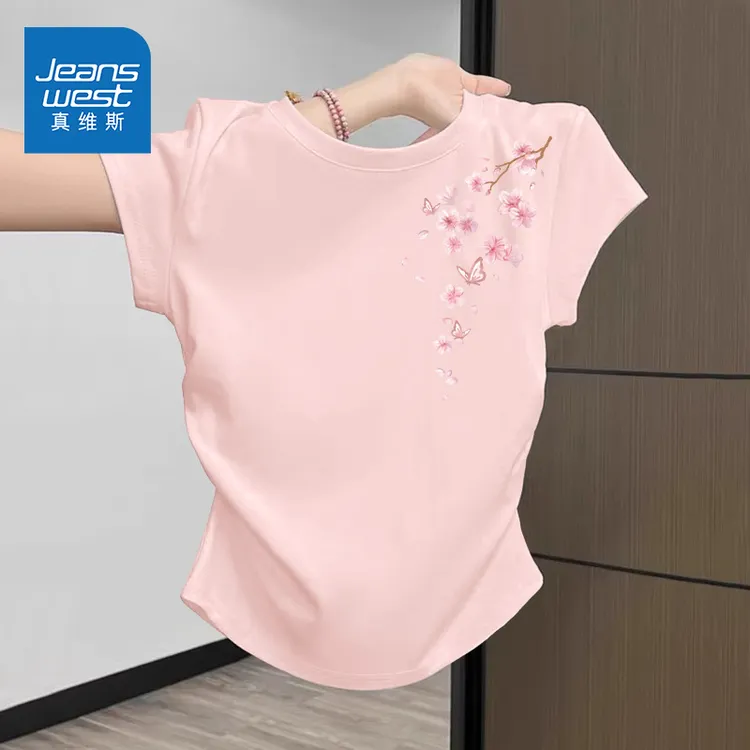 真维斯粉色辣妹抽皱拉架T恤女2025新款半袖夏季修身短款国风上衣