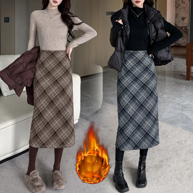 冬季加绒小个子中长款半身裙女显瘦气质时尚格子裙格纹裙子