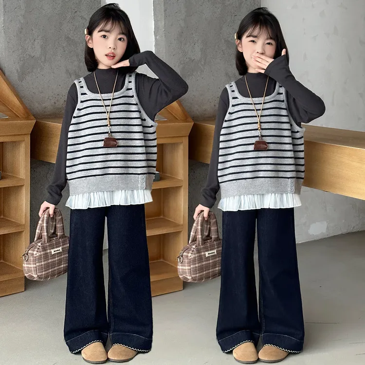 女童套装春秋2025新款儿童洋气时髦马甲女大童秋装背心三件套潮