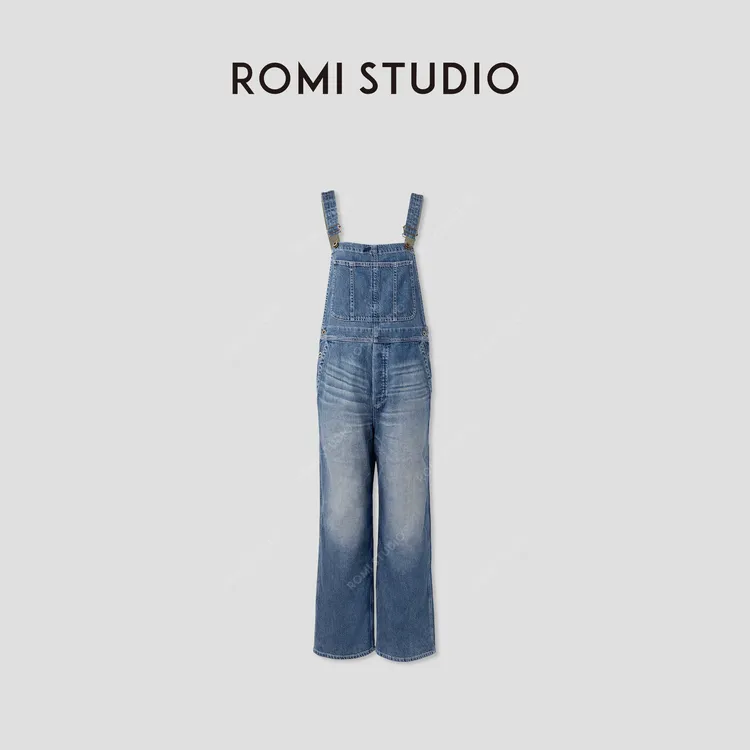 ROMI STUDIO“羽毛牛仔”天丝混纺猫须磨砂工装背带裤 RWCAL85294