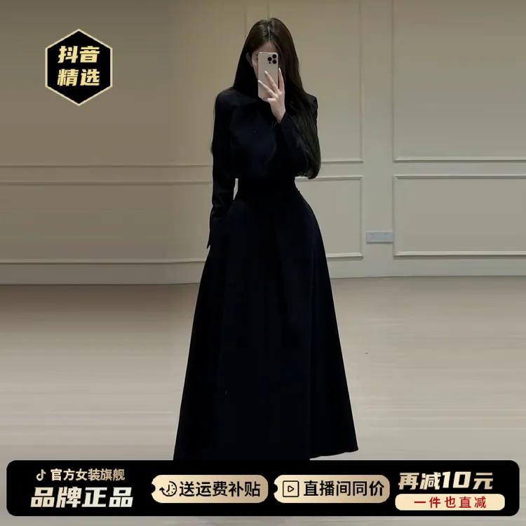 法式赫本风黑色长袖连衣裙子女2025早秋季新款高级感套装西装长裙