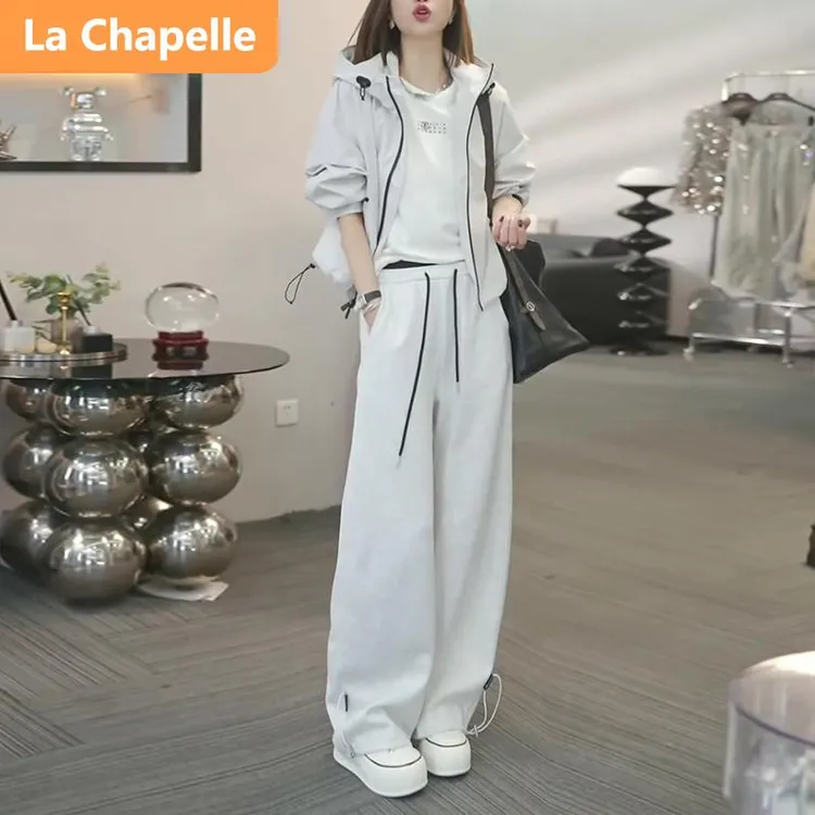 拉夏贝尔又A又飒休闲套装女2025秋季设计感灰色长袖连帽上衣两件