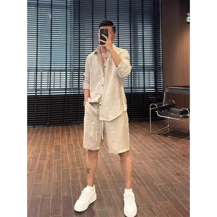2025夏季薄款亚麻长袖休闲套装男士时尚潮流百搭衬衫短裤两件套潮