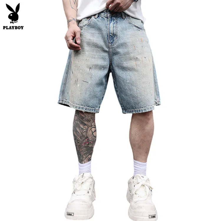 花花公子PLAYBOY油漆点泼墨牛仔裤短裤男士直筒五分裤子夏季新款