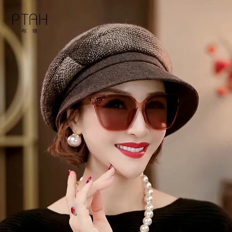 秋冬保暖羊毛贝雷帽复古格纹帽子英伦风画家帽时尚百搭0803