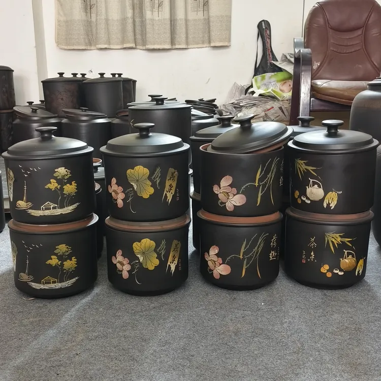 云南建水紫陶茶叶罐储存密封罐彩填工艺荷花小鸟图案黑色全手工