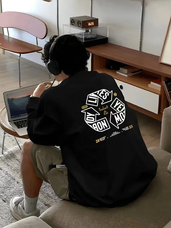 【重磅纯棉】圆领潮流长袖T恤秋季设计感潮牌运动高街印花宽松上衣