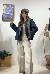 165区1877藏青色宽松百搭秋冬加厚夹棉披肩帽短款外套