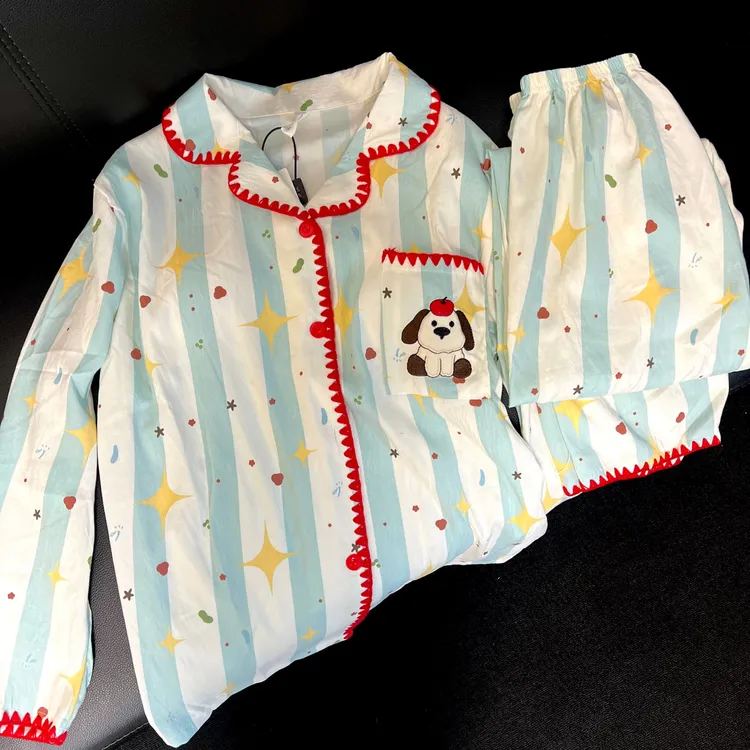带胸垫春秋季少女睡衣宽松学生卡通可爱长袖可外出女士家居服套装
