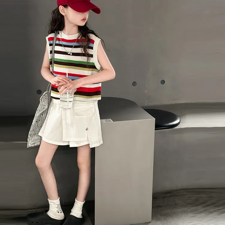 女童夏季套装2025新款儿童无袖条纹上衣女大童时尚百搭短裤两件套