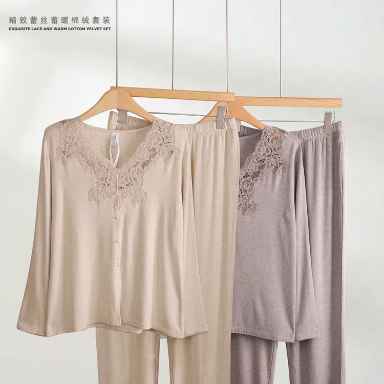 新品JJ28178春秋长袖蕾丝大码舒适女士睡衣套装时尚休闲风家居服