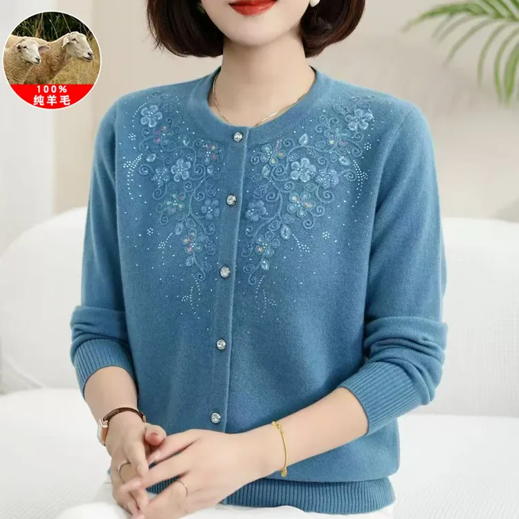 中老年女装毛衣外套妈妈装加肥加大码针织衫秋冬100%纯羊毛衫开衫