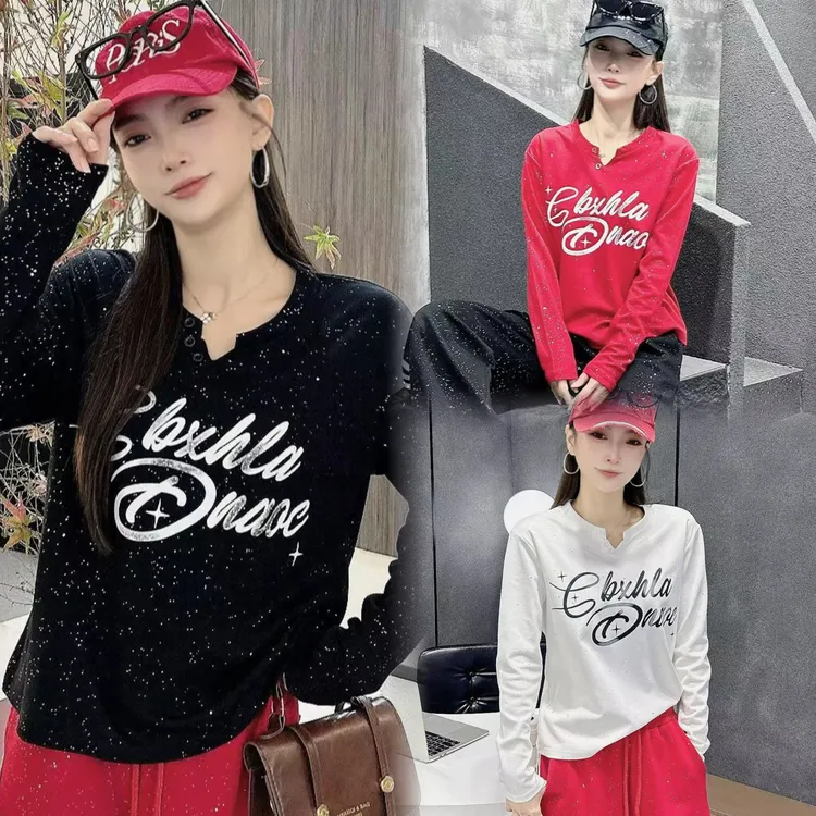 秋季富丽新款曳步舞长袖烫钻街舞爵士亮晶晶莫代尔棉大T宽松时尚