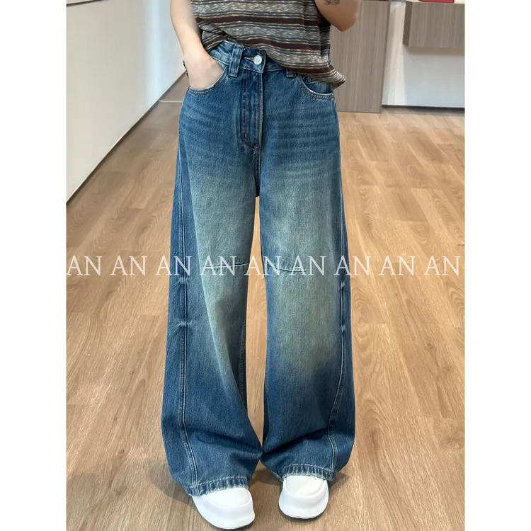 C08016莱赛尔休闲时尚宽松横线特色工艺高腰阔腿牛仔裤