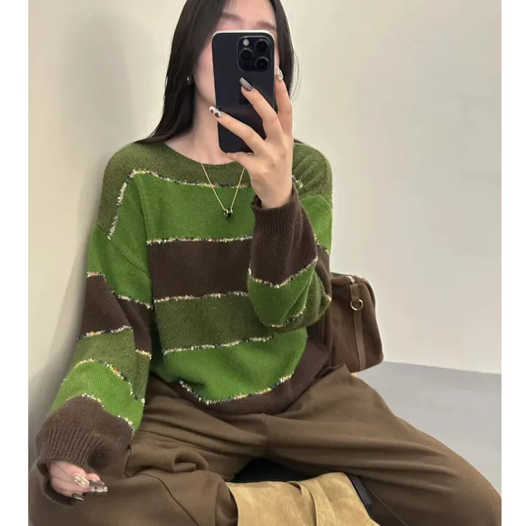 MEIZHENZI【提拉米苏】流光 绵羊毛混纺条纹针织衫女毛衣#2088
