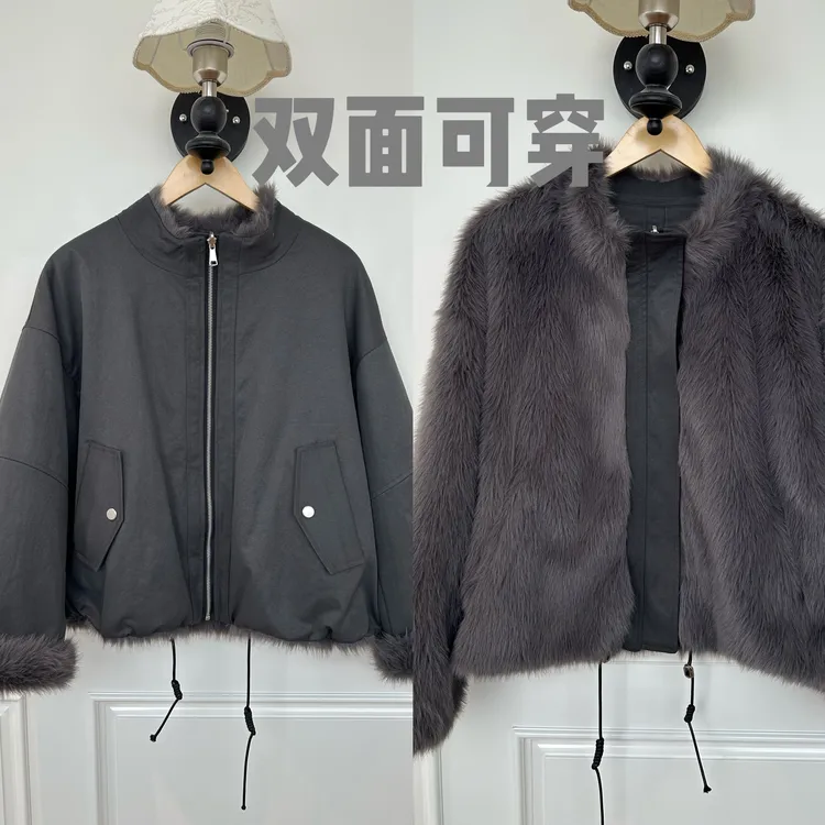 【灰调老钱】双面穿厚毛毛气质简约老钱风灰色立领保暖外套女