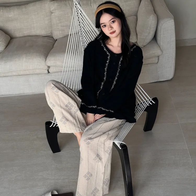 及好25年新款睡衣女春秋季纯棉棉纱黑色长袖可外穿家居服秋冬套装