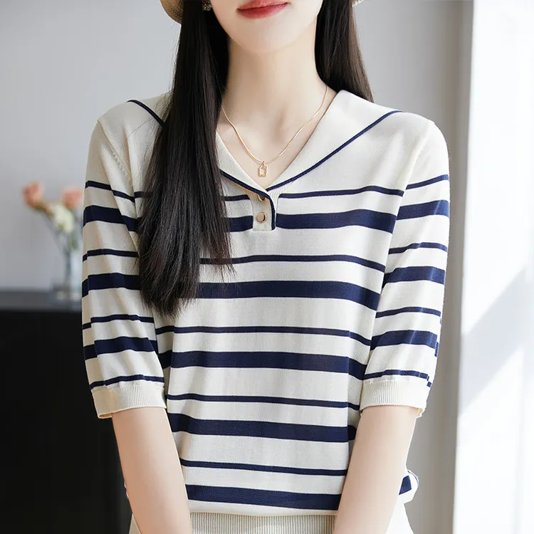 夏季新款女针织衫短袖宽松时尚气质撞色条纹翻领显瘦针织短袖代发