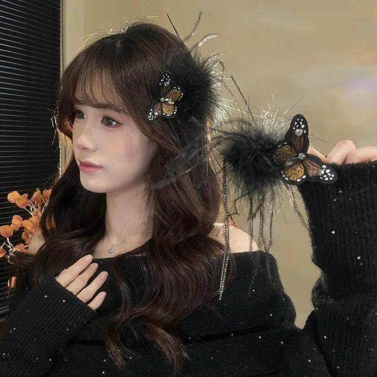 超仙灵动蝴蝶羽毛流苏刘海夹发夹精致百搭气质侧边碎边夹头饰女