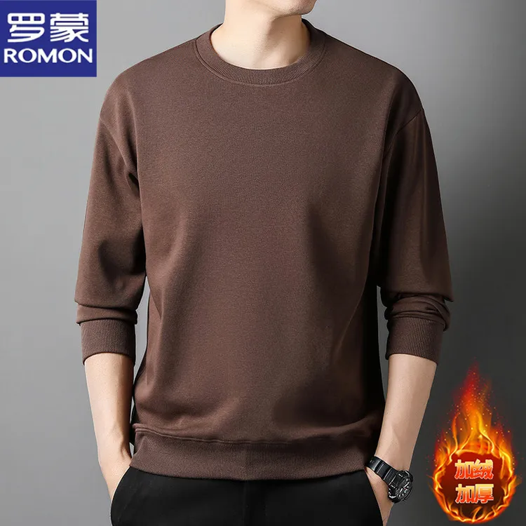 罗蒙加绒加厚长袖卫衣男士冬中青年休闲百搭纯色上衣宽松舒适T恤