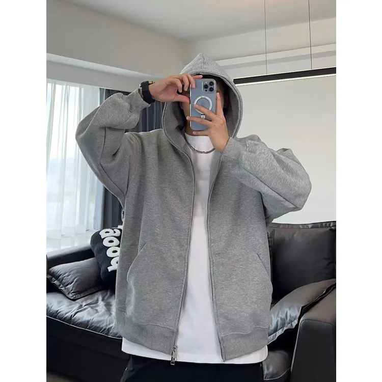 灰色双拉链连帽开衫秋季宽松休闲男款卫衣外套男款秋冬款男士加绒