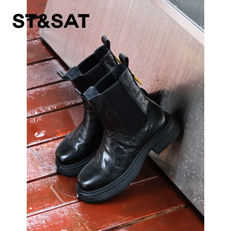 【复古拼接】星期六羊皮短靴百搭秋冬弹力袜靴厚底马丁靴SSC4116B4H