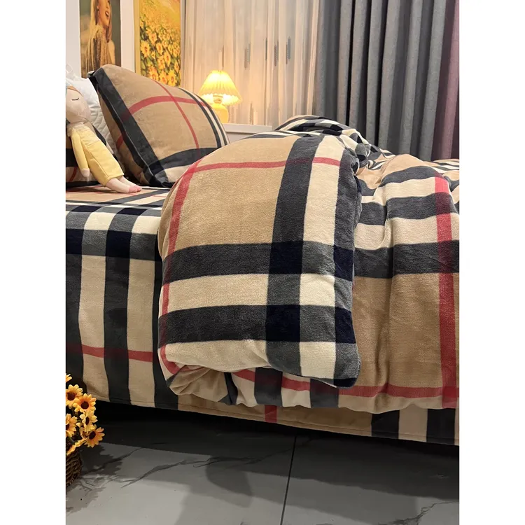 水星高端家纺无印宝利格子牛奶绒四件套珊瑚绒双面绒抗静电加厚加