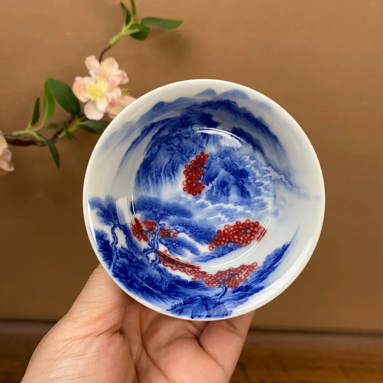 【望月御品】花溪渔隐图釉里红山水杯手工景德镇茶具 容量80毫升