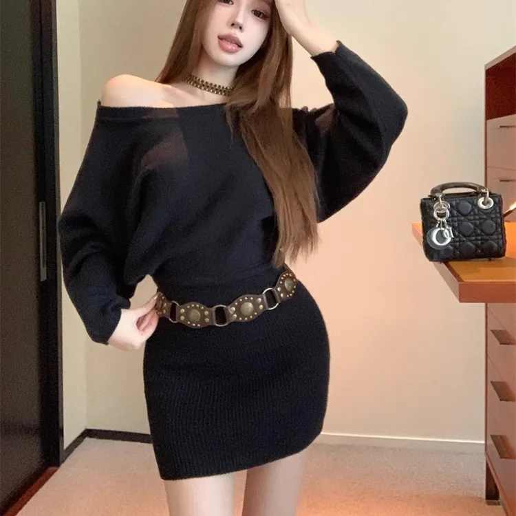 长袖针织连衣裙女纯欲气质秋冬辣妹性感露肩包韩式纯欲露肩包臀裙
