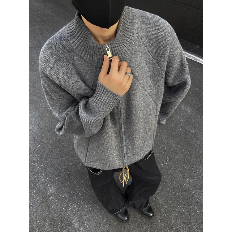 美式cleanfit立领开衫毛衣男款秋冬休闲潮牌外套高级感夹克针织衫