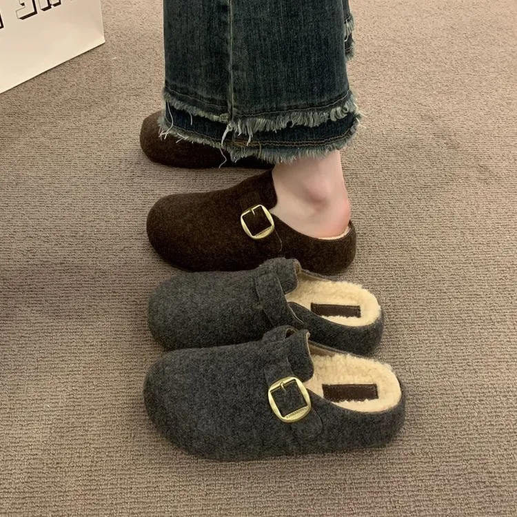 内增高加绒灰色勃肯鞋女包头毛毛拖鞋外穿2025冬季新款呢子拖鞋女