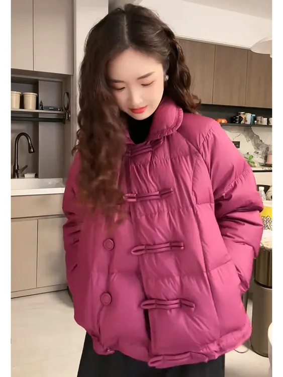 韩系休闲百搭盘扣纯色棉服女2025冬季新款时尚显瘦翻领简约外套潮