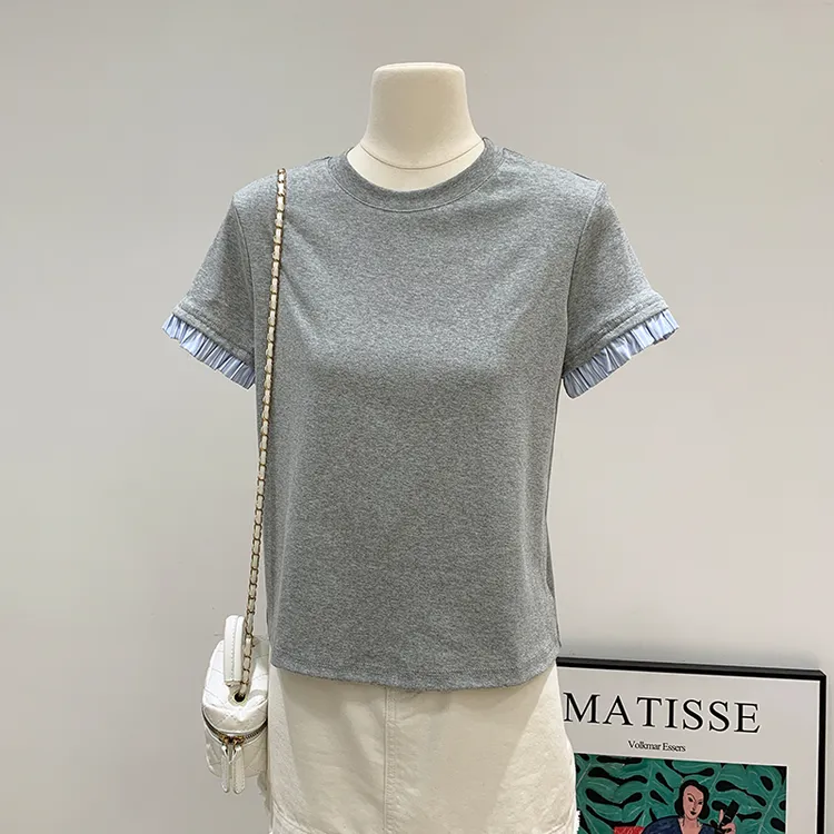 韩系正肩假两件木耳边短袖t恤女2025年新款宽松休闲百搭上衣
