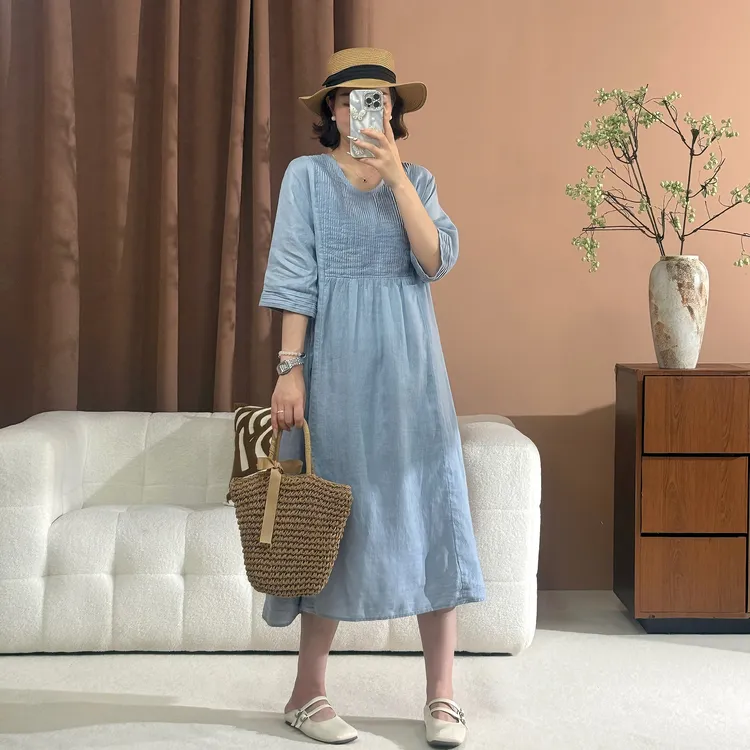 漫漫家【梦星河】100%亚麻连衣裙高级感风琴褶显瘦气质早秋飘逸长裙