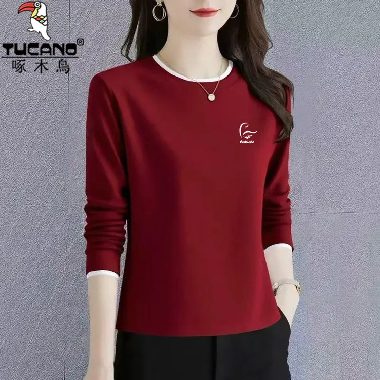 啄木鸟纯棉高级感别致休闲打底衫新款秋宽松圆领长袖T恤女装上衣